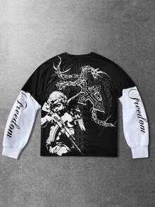 ROMWE MEN Spring Casual Graphic Men'S Casual Contrast Color Patchwork Angel Letter Print T-Shirt, Autumn - Black - View 3