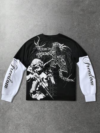 Maglietta casual da uomo con stampa a contrasto di colore, patchwork e lettera angelo, autunnale