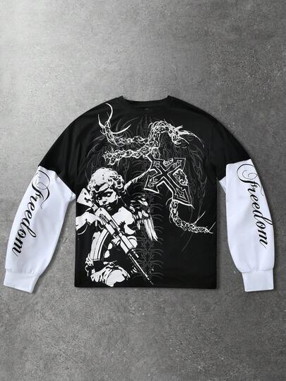 T-shirt décontracté pour hommes avec patchwork de couleurs contrastées et imprimé lettres d'ange, automne