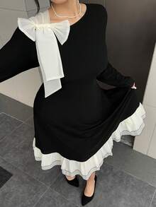 Dazy Plus Valentine Plus Size Elegant Bowknot Tie Shoulder Splice Ruffle Hem Bodycon Party Maxi Dress, Black, Spring/Autumn - Black - View 8