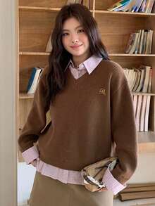 Dazy Plus 时尚休闲撞色拼接衬衫领宽松字母刺绣大码女式套头毛衣，秋冬款 - 棕色 - 查看 5