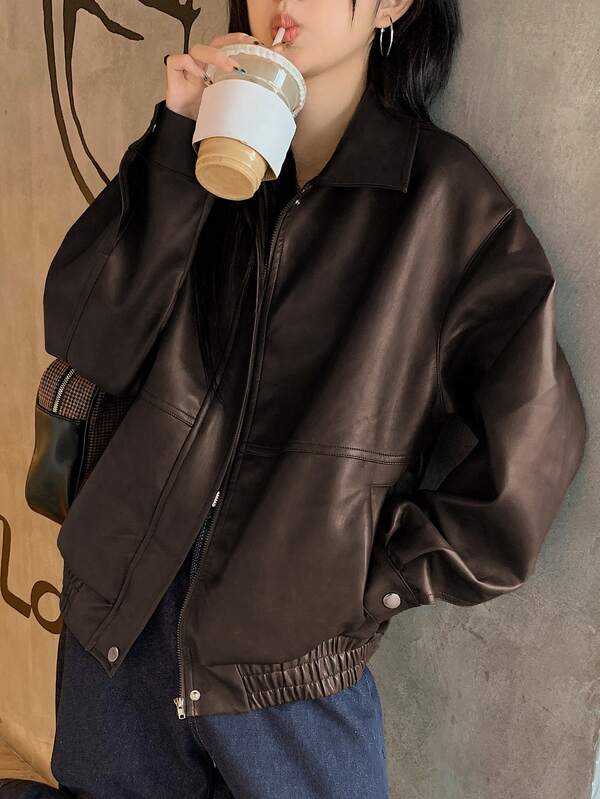 DAZY Chaqueta casual versátil y de moda para mujer, chaqueta de cuero de otoño