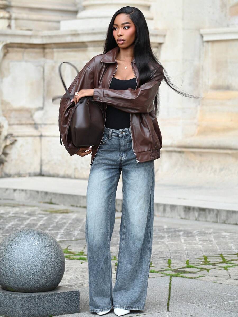 Mima John 秋冬拉链落肩PU厚皮夹克