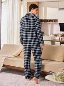 CoupledUp Plaid Print Bubble Wrinkle Men's Long Sleeve Cardigan And Pants Pajama Set Matching Couple Pajama Set Gingham Pajama Set Men Pjs Set - Blue - View 2