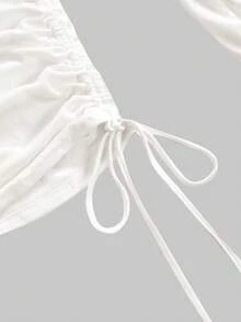 ROMWE Grunge Punk 浪漫朋克风十字架字母印花露肩长袖T恤（女款） - 杏色 - 查看 3