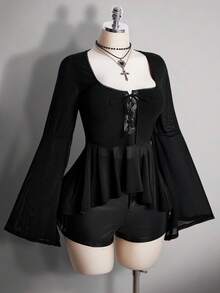 SHEIN ICON Áo thun cổ chữ U buộc vạt trước Y2K phong cách Gothic cổ điển cỡ lớn, viền bất đối xứng, tay loe - màu đen - Xem 7