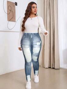 SHEIN PETITE CURVE Plus Size Casual Retro Loose Denim Print Pattern Leggings, Suitable For Autumn/Winter - Blue - View 6