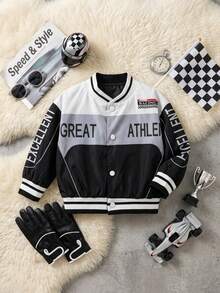 Baby Boys' Autumn White Street Life Casual Graphic Street Fashion Baseball Jacket,Motorcycle Style Letter Print Stand Collar Back-To-School Date - Black and White - View 7