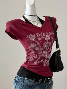 Attitoon 女士休闲复古 V 领露背系带撞色短袖 T 恤，夏季必备。饰有复古骷髅和玫瑰印花，是 Y2K 和 Grunge 返校季风格的理想之选。 - 彩色 - 查看 7