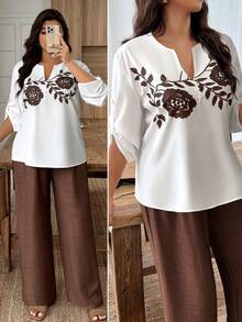 Weeklong Plus Size Women's Colorblock Printed Casual Tracksuit Set, Everyday Streetwear, Spring/Summer - Brown - View 1