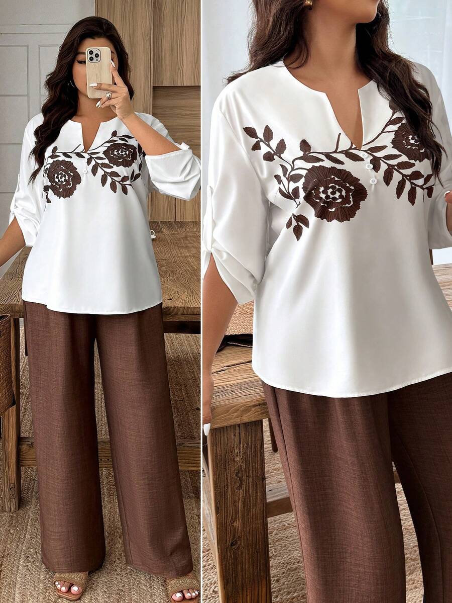 Weeklong Plus Size Women's Colorblock Printed Casual Tracksuit Set, Everyday Streetwear, Spring/Summer - Brown - View 1