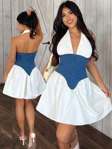 SHEIN PETITE Women's Ruched Deep V-Neck Denim Dress - Blue - View 8