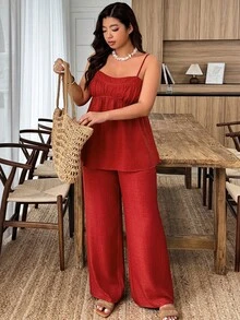 Weeklong Plus Size Women's Casual Camisole & Wide Leg Pants 2 Pieces Set, Spring/Summer - Red - View 4