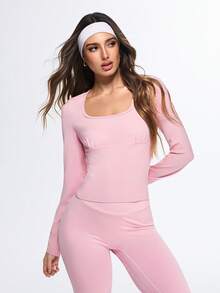 Eassivo Eassivo Herbst einfarbiges Slim Fit Langarm Rundhals Athletik T-Shirt - Pink - Übersicht 4