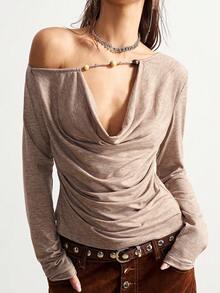 Bohemela BOHO Asymmetric Collar Solid Color Knit Long Sleeve T-Shirt For Women, Suitable For Winter, Christmas, New Year Party