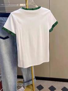 Resyla Faux Sequin Print T-Shirt, Green Four-Leaf Clover, Lucky Straw Print T-Shirt, St. Patrick's Day Women's Crew Neck T-Shirt For Spring And Summer, Holiday T-Shirt - Green - View 2