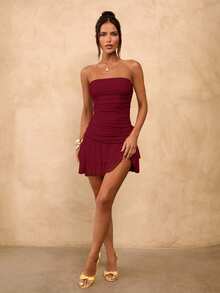 SHEIN BAE Solid Yellow Cream Ruched Bodycon Ruffled Hem Mini Dress, Cute Summer Dress, Brunch Dress, Yellow Dress - Burgundy - View 4