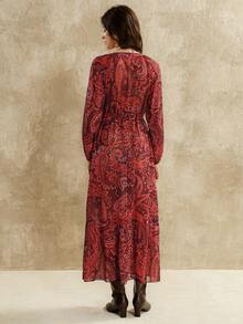 Florisole Váy suông dáng chữ A tay đèn lồng họa tiết Paisley boho cổ điển thanh lịch dành cho nữ, mùa xuân/thu - Gỗ đỏ - Xem 2