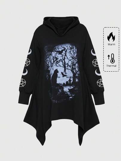 Plus Size Gothic Bat, Forest, Star & Moon Pattern Irregular Hem Hooded Black Sweatshirt, Casual Plus Size Women Hoodie For Autumn/Winter, Daily Wear Plus Size Women Clothing, Gothic Style Plus Size Women Outerwear Hoodie