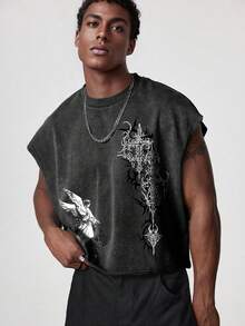 ROMWE MEN Goth Men's Retro Snowflake Angel Print Tank Top - Black - View 4