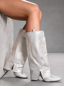 CUCCOO SZL 时尚休闲复古粗跟女式过膝长靴 - 銀色 - 查看 3