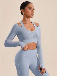 VARSIVA Women's Autumn Simple Solid Color Pleated Cropped Fitted Sports T-Shirt