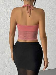 EgrlEra Women's Lace Mesh Patchwork Halter Casual Tank Top - Pink - View 2