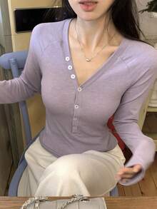 DAZY Women's V-Neck Button Half Placket Fashionable Versatile Long Sleeve T-Shirt - Mauve Purple - View 2