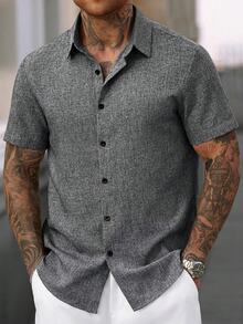 OTTIMOZO Manfinity CasualCool 男士亚麻条纹短袖衬衫，适合夏季日常通勤，灰色男士短袖纽扣衬衫，街头风男士衬衫，男士短袖灰色衬衫，男士休闲衬衫 - 黑色 - 查看 4