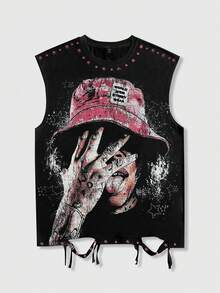 ROMWE MEN Street Life Ice Hockey Graphic Sleeveless Crew Neck T-Shirt Top With Distressed Design For Men - Black - View 1