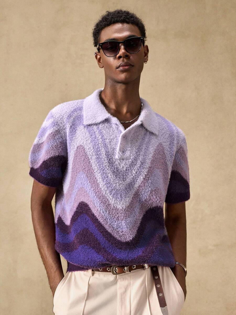 EASEVO Manfinity Brand - Men's Short Sleeve Half Chest Turndown Collar Sweater, Loose & Casual Knit Shirt Men S Resort Wear Men Buttoned Knitted Polo - Purple - View 1