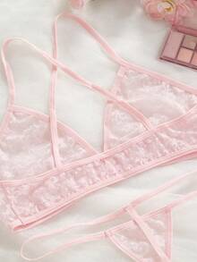 Conjunto de lencería con top corto con tirantes finos y espalda descubierta con cruce y tanga para mujer - Rosa - Ver 6
