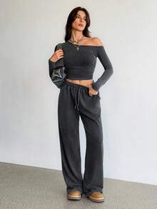 SHEIN Tall Bộ 2 món dành cho nữ, mùa xuân hè, kiểu dáng đơn giản, màu trơn, áo croptop tay dài lệch vai và quần ống rộng có dây rút eo. - màu đen - Xem 8