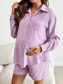 SHEIN Setelan Kasual Cerdas Musim Gugur Ungu untuk Wanita Hamil, 2 Potong Kemeja dan Celana Pendek Warna Polos, Pakaian Hamil Musim Semi dan Gugur - Berwarna merah muda - View 7