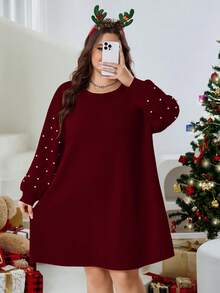 SHEIN CURVE+ 大码女式宽松落肩红色仿珍珠装饰连衣裙，秋冬圣诞款 - 酒紅色 - 查看 1