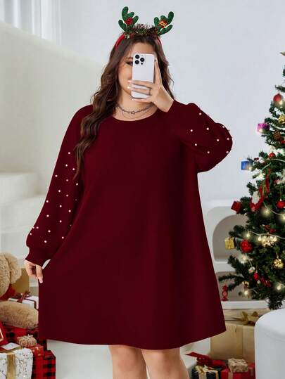 SHEIN CURVE+ 大码女式宽松落肩红色仿珍珠装饰连衣裙，秋冬圣诞款