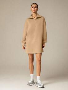 Hanevo 秋冬新款休闲街头极简通勤懒人返校高领拉链半开衩套头长袖H型宽松卫衣&女士短裤套装 - 棕色 - 查看 4