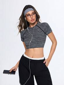 Eassivo Eassivo Women's Dark Grey Seamless Crop Top,Raglan Short Sleeve Summer Athleisure Casual Gym Tee,Stretchy Ribbed Knit Slim Fit Workout Yoga Activewear Shirt - Grey - View 3