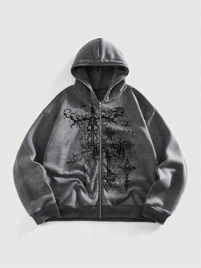 Street Life Sudadera con capucha de manga larga con estampado gris para hombre