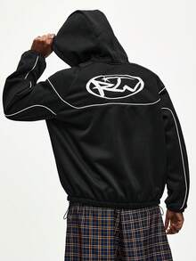 ROMWE MEN Prep Sudadera con capucha casual con cremallera y rayas de contraste para hombres - Negro - Ver 3
