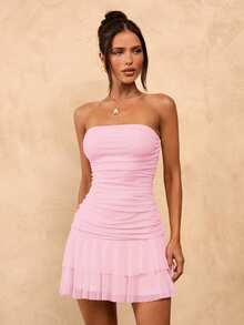 SHEIN BAE Solid Yellow Cream Ruched Bodycon Ruffled Hem Mini Dress, Cute Summer Dress, Brunch Dress, Yellow Dress - Baby Pink - View 7