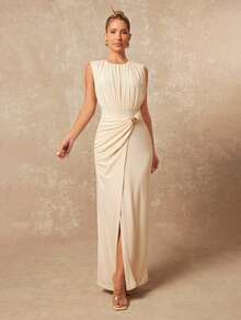 Lumalex Women's Elegant Beige Summer Maxi Dress,Round Neck Pleated Metal Décor Sleeveless Fitted Evening Gown,High Split Hem Dining Party Wedding Guest Dress - Apricot - View 6