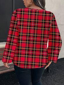 EMERY ROSE Plus Size Women Elegant Romantic New Year Plaid & Festive Pattern Casual Long Sleeve Blouse, Suitable For Autumn/Winter, New Year Style - Multicolor - View 2