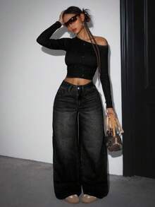 SHEIN ICON 女士宽松直筒蓝色牛仔裤、阔腿女裤、宽松女裤、女士牛仔裤 - 黑色 - 查看 4