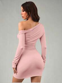 SHEIN PETITE Damen einfarbiges Sommerkleid mit langen Ärmeln, kurzes, lässiges Kleid, Herbstkleidung, Frauenkleider für den Herbst, Frauenkleidung für den Herbst, asymmetrische Kleider, Winterkleidung