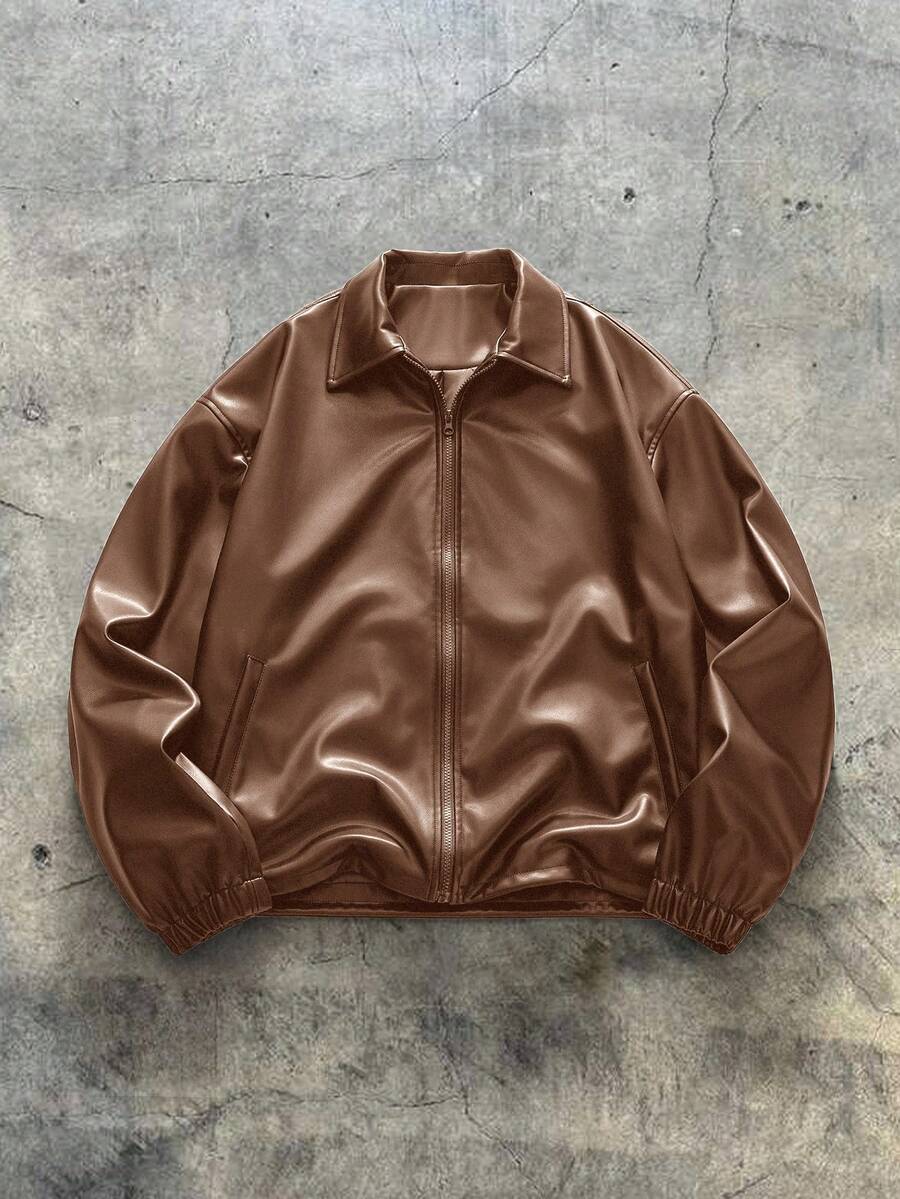 AXEPEAK Plus Size Men's Casual Fashion Street Style Everyday Commute Minimalist PU Leather Zip-Up Jacket, Autumn - Brown - View 1