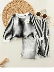 SHEIN Baby Girl Loose Casual Minimalist Comfortable Round Neck Pullover Striped Sweatshirt And Pants Set - Black and White - View 1