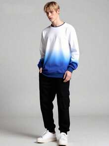 Vacaura 2pcs/Set Teenage Boys Casual Blue & White Ombre Pullover T-Shirt Set With Woven Cargo Pants, Fashionable & Suitable For Daily Wear, Commuting, School - Multicolor - View 7