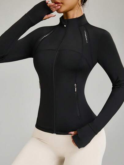 Dewbera Women's Minimalist Printed Zip-Up Long Sleeve Sports Jacket Black Workout Jacket