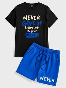 Manfinity LEGND Men's Casual Slogan Print T-Shirt And Shorts Set, Summer - Multicolor - View 2